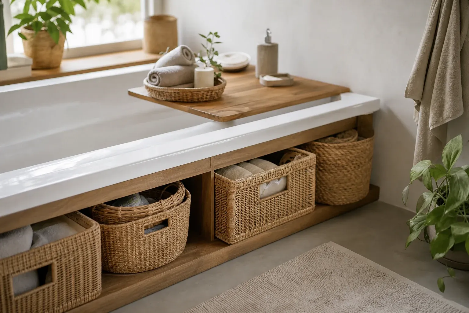 Badewanne als Stauraum nutzen mit Holzabdeckung und Körben im Badezimmer