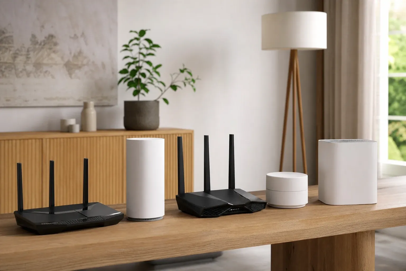 Verschiedene WLAN Router im Vergleich auf einem Tisch
