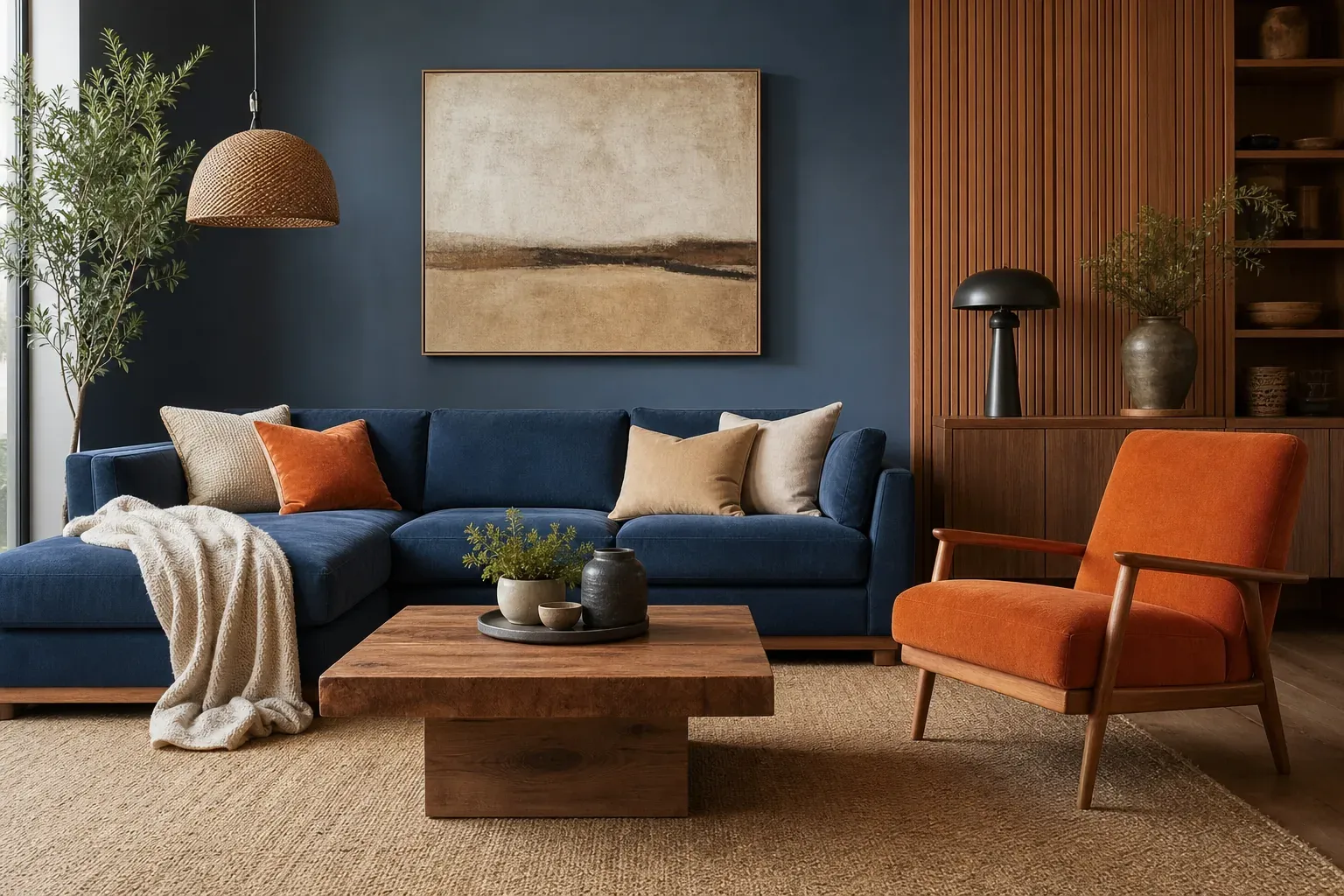 Wohnzimmer mit blauer Farbwelt, orangefarbenen Akzenten und warmen Holzmöbeln