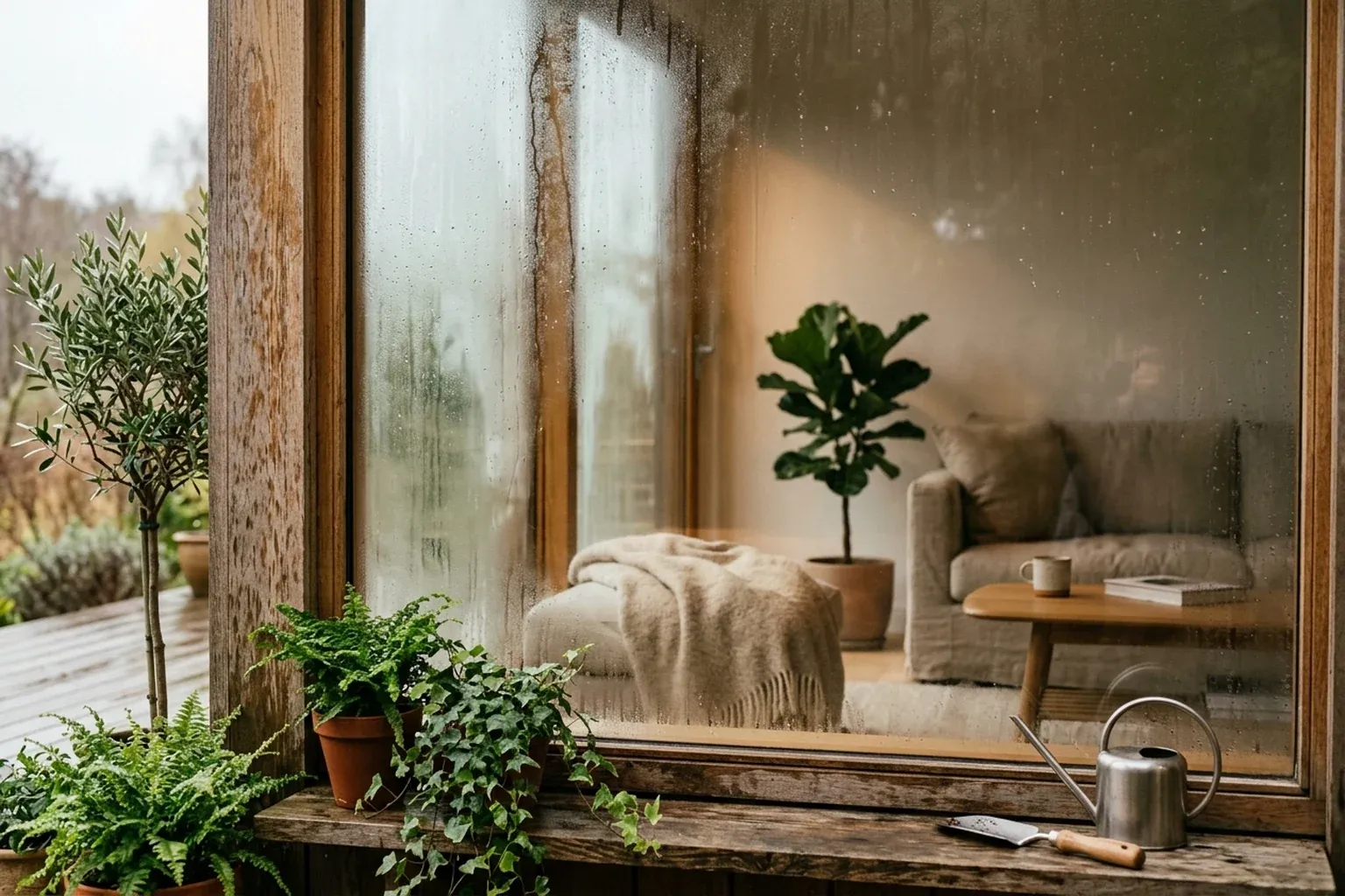 Fenster von außen mit Kondenswasser beschlagen am frühen Morgen