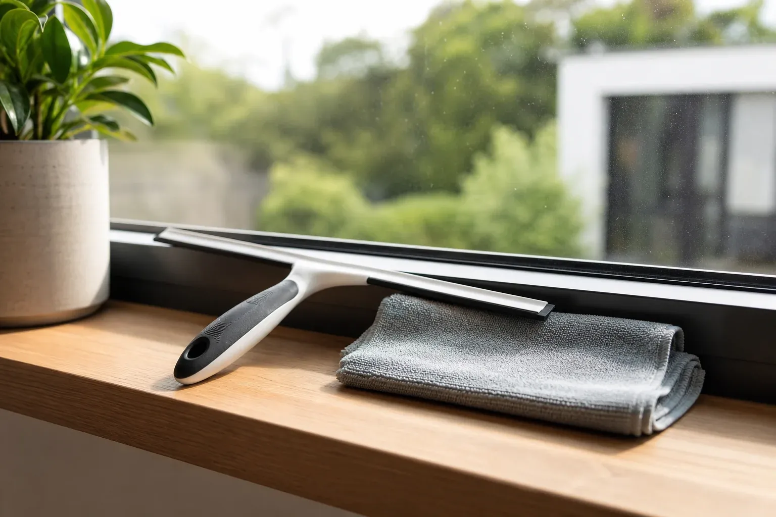 Fensterwischer und Mikrofasertuch auf einem Fensterbrett – richtige Ausrüstung für streifenfreie Scheiben