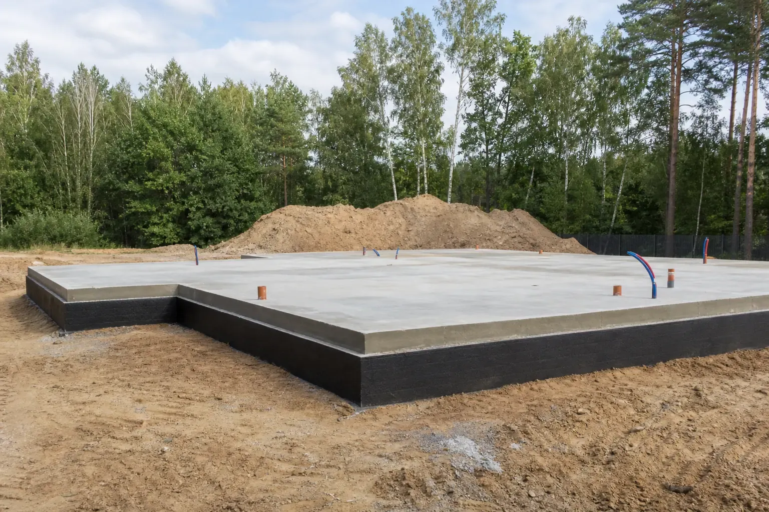 Fundament und Bodenplatte für ein Fertighaus aus Polen auf einer Baustelle