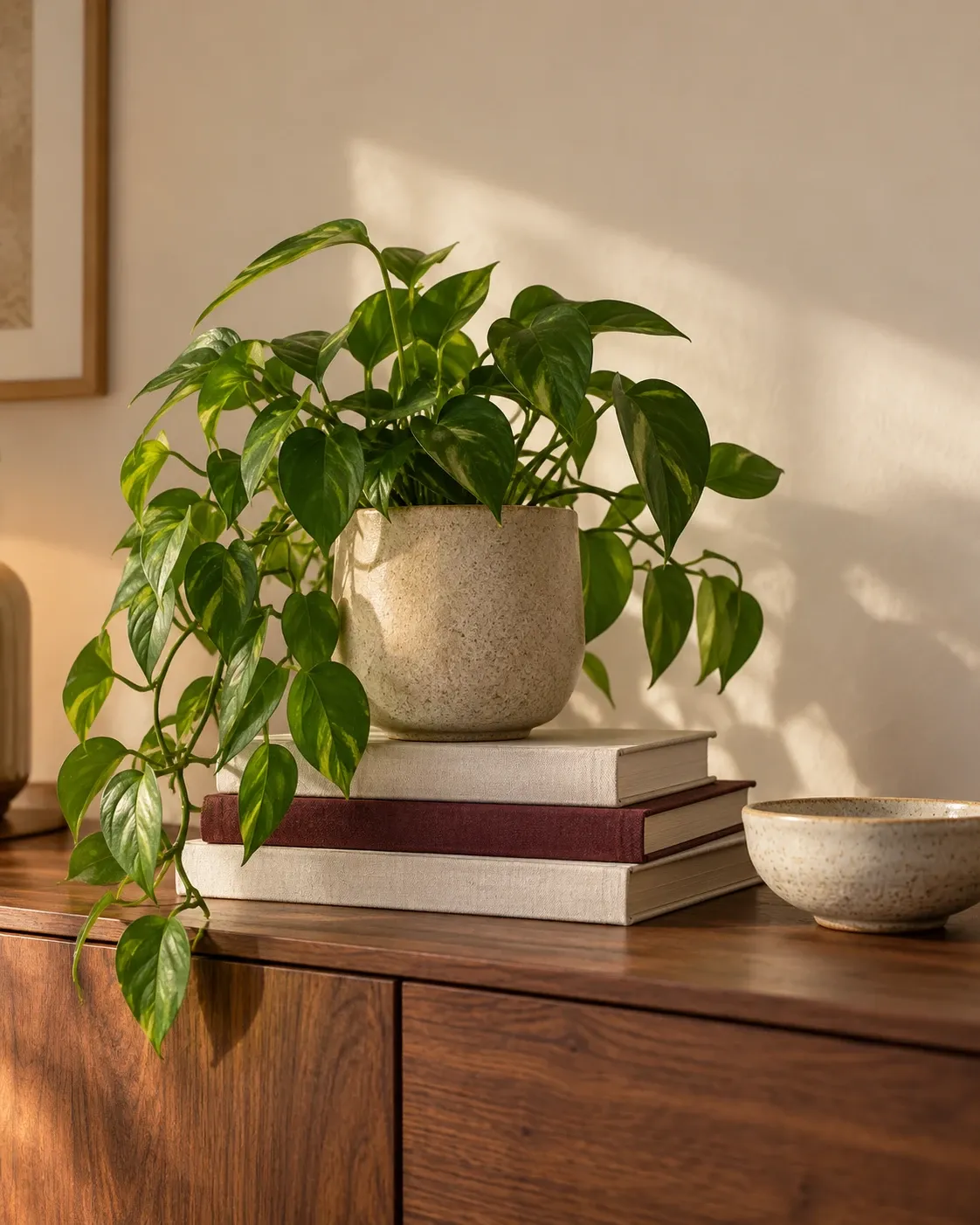 Grünpflanze auf einem Bücherstapel auf einem Walnuss-Sideboard