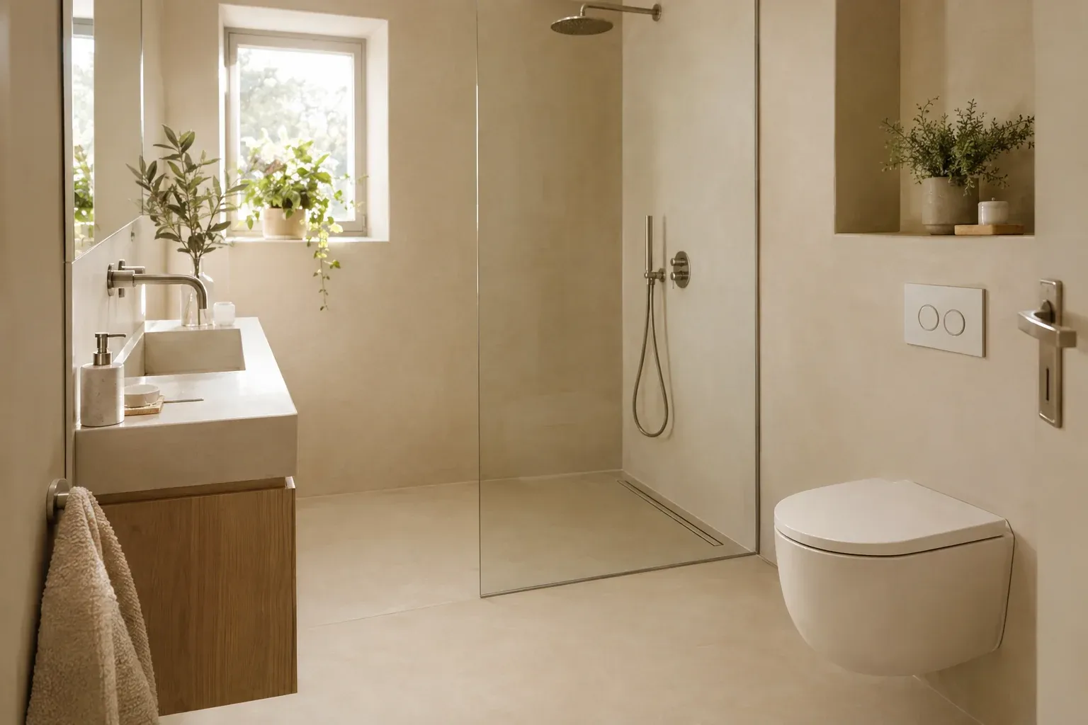 Kleines fugenloses Badezimmer in hellem Sandton mit bodengleicher Dusche und Glaswand