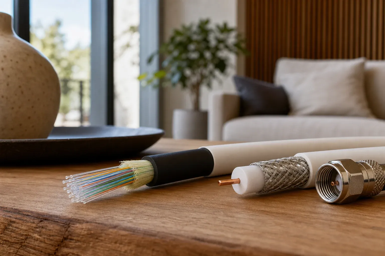 Glasfaser oder Kabel Vergleich: Glasfaserkabel und Koaxialkabel nebeneinander