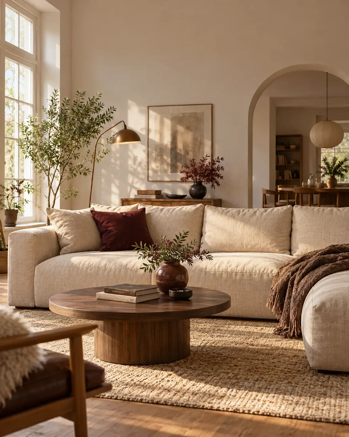 Helles Wohnzimmer mit Leinensofa, Bordeaux-Kissen und Rundbogen zum Essbereich