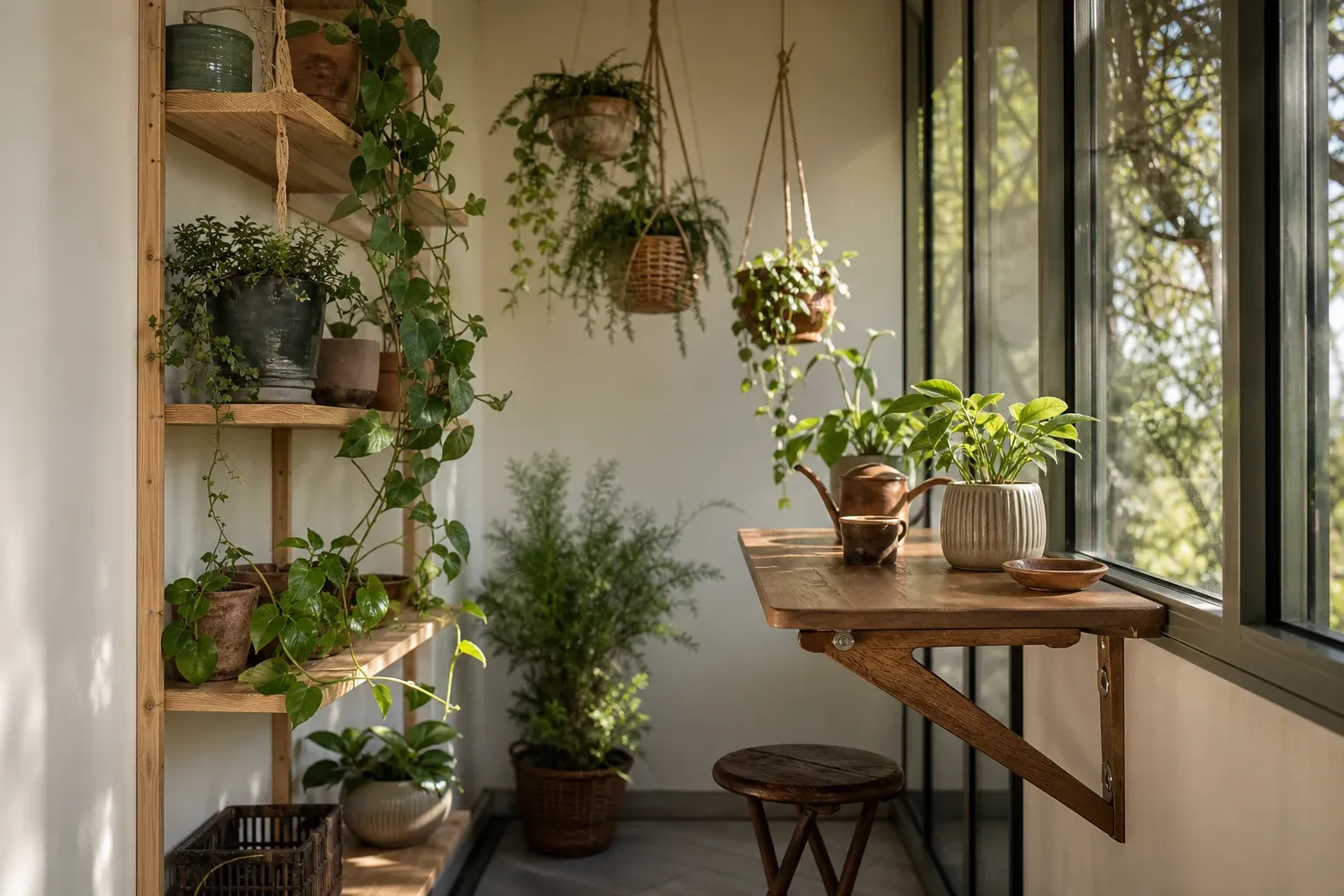 Kleiner Wintergarten mit Wandregal, Hängepflanzen und Klapptisch