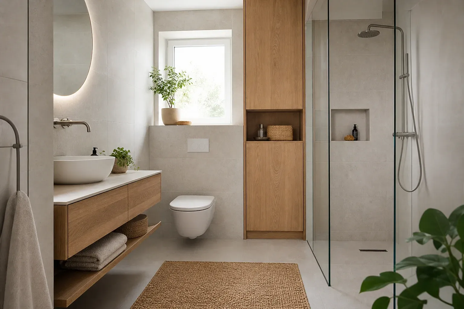 Kleines Badezimmer mit heller Fliesenoptik und cleveren Stauraumlösungen