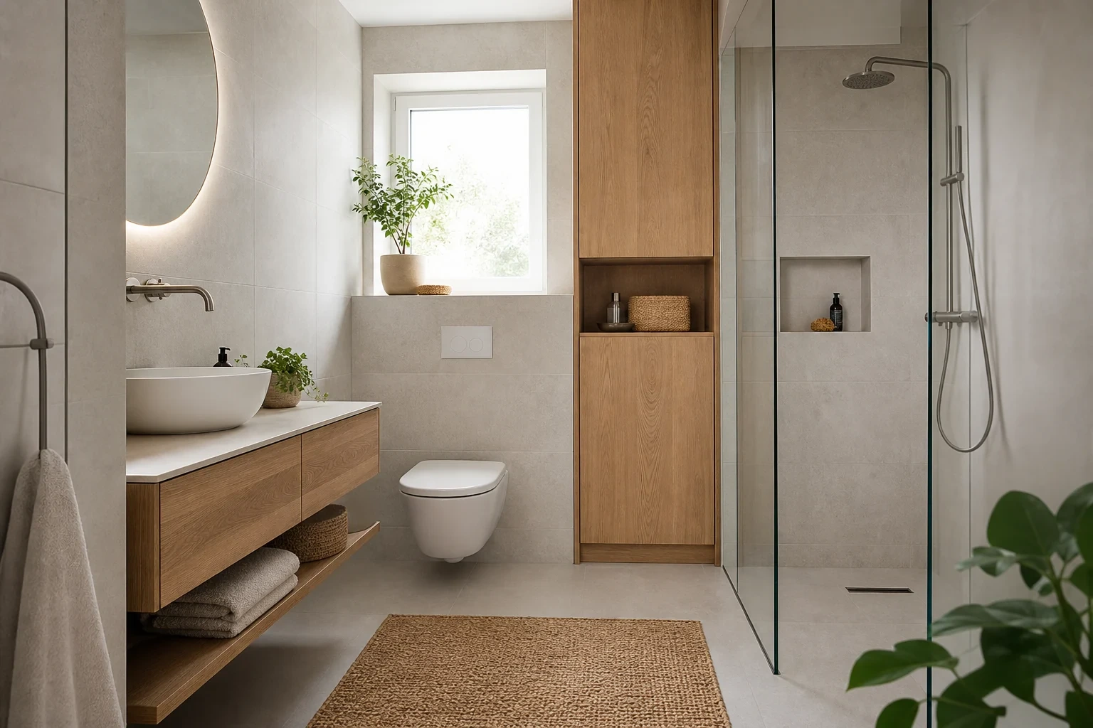 Kleines Badezimmer mit heller Fliesenoptik und cleveren Stauraumlösungen
