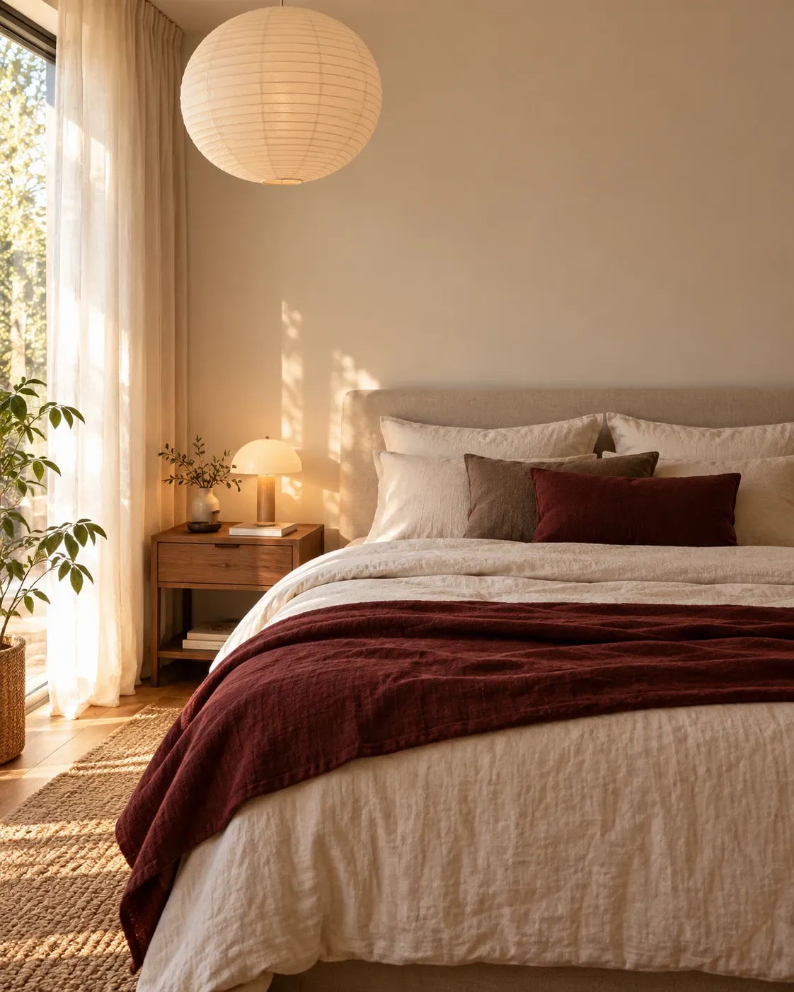 Ruhiges Schlafzimmer mit Leinenbettwäsche und Bordeaux-Tagesdecke