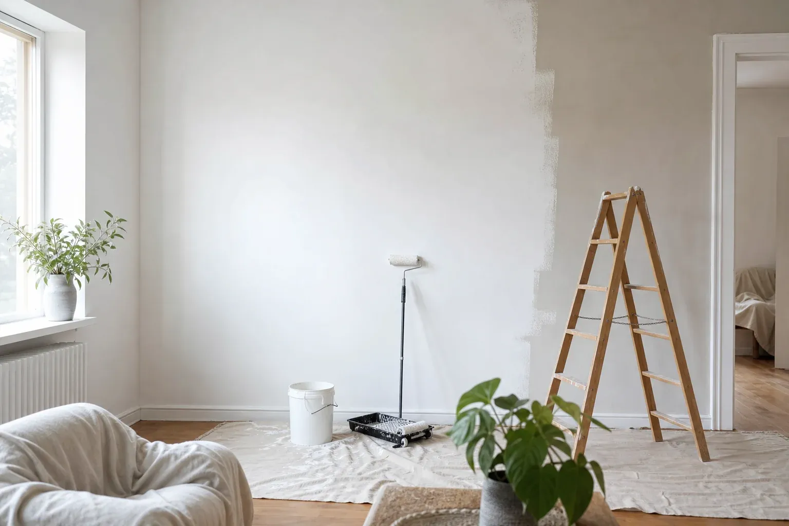 Maler streicht eine Wand weiß – Malerarbeiten Kosten im Überblick