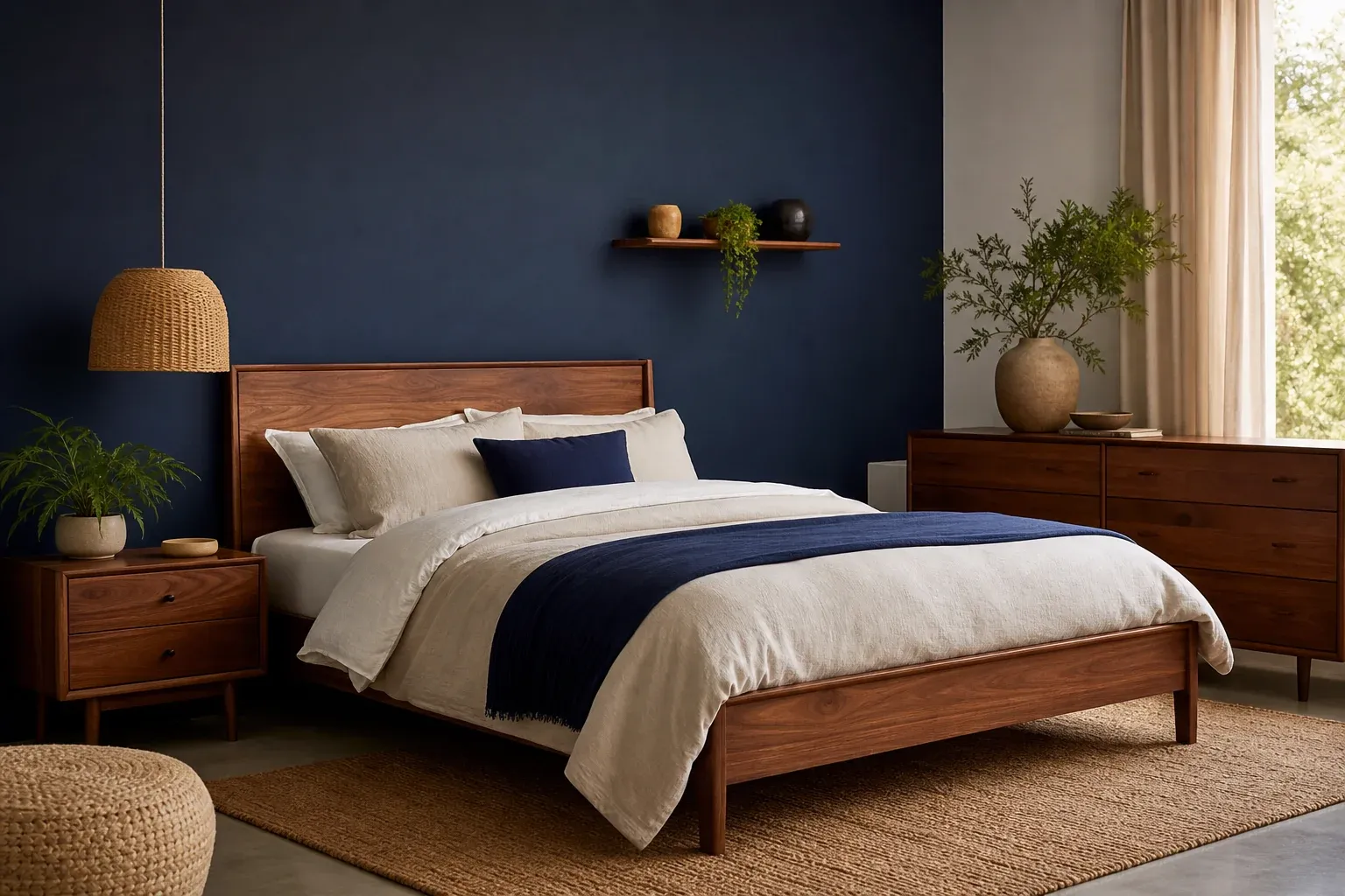 welche farbe passt zu blau? Schlafzimmer mit marineblauer Wand und warmen Holzmöbeln