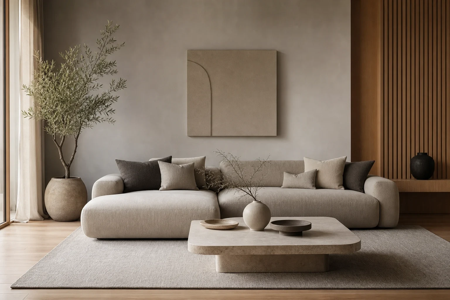 Minimalistisch eingerichtetes Wohnzimmer mit reduzierten Möbeln in Beige und Grau