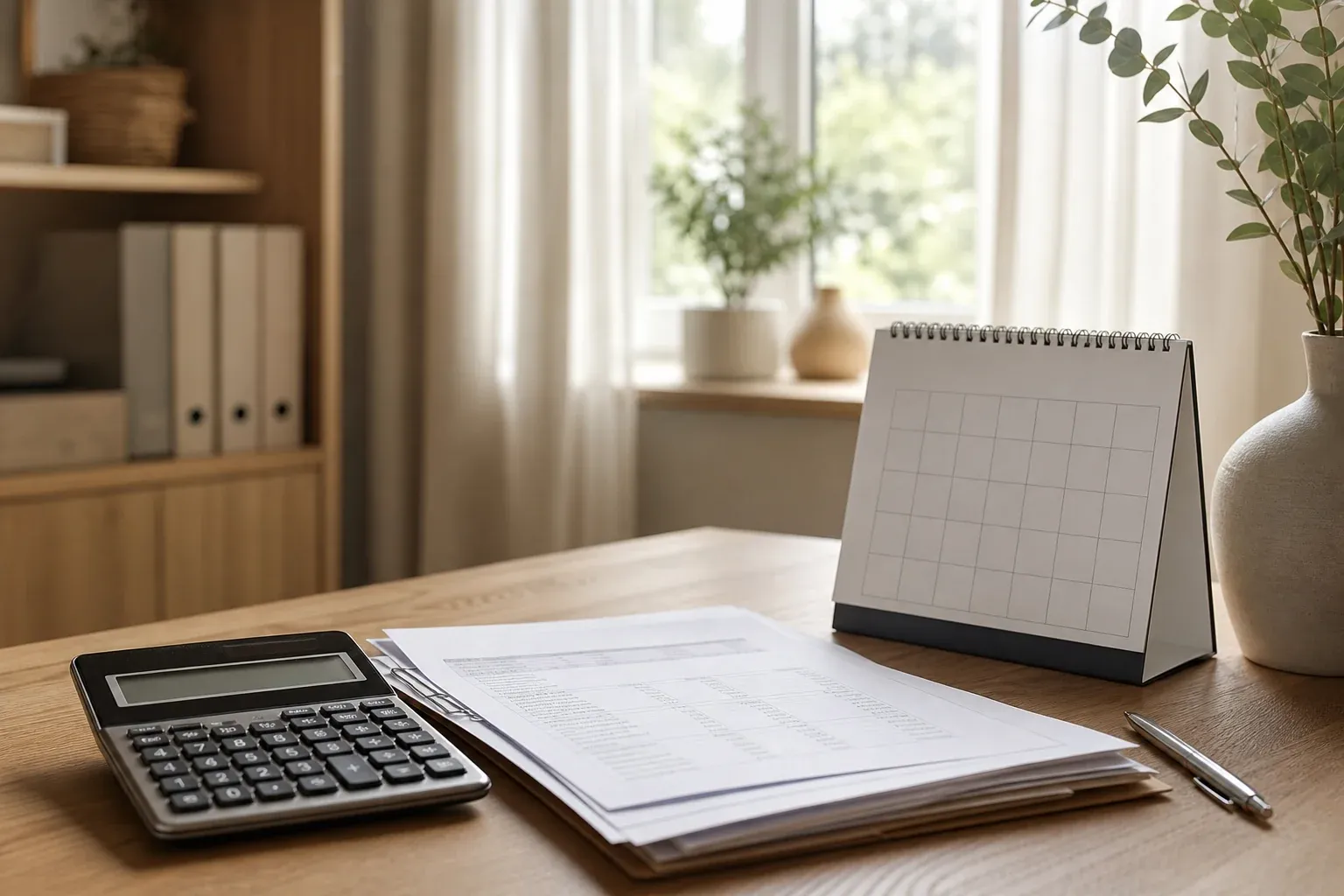 Nebenkostenabrechnung mit Taschenrechner und Kalender auf einem Schreibtisch