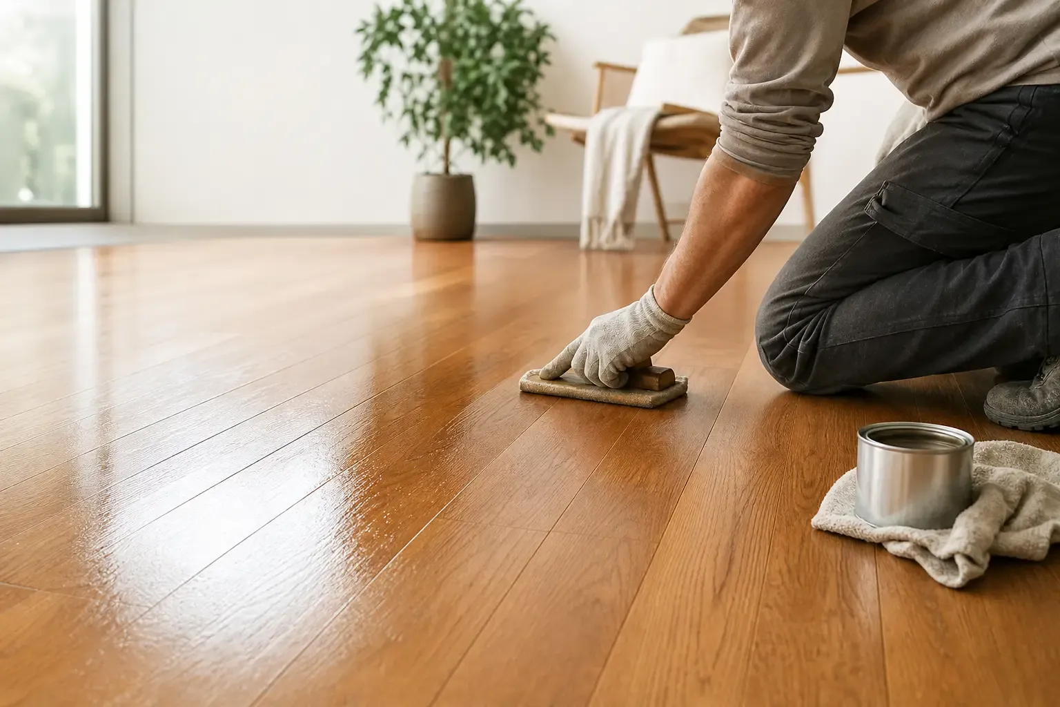 Parkett auffrischen: Holzboden wird mit Pflegeöl behandelt