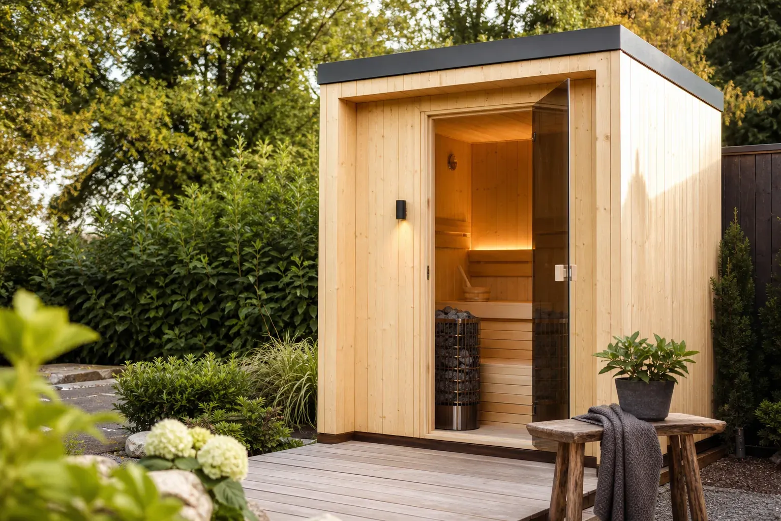 Selbst gebaute finnische Sauna aus Fichtenholz mit Elektroofen im Garten