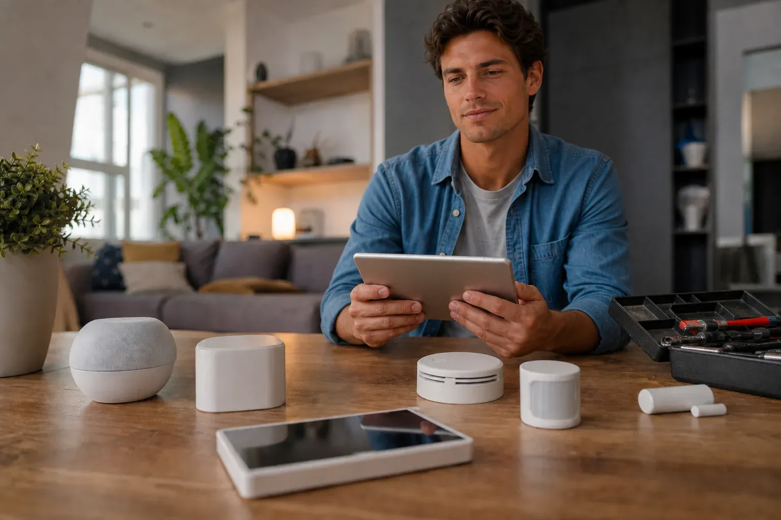 Smart Home nachrüsten: Tablet mit Haussteuerung in modernem Wohnzimmer