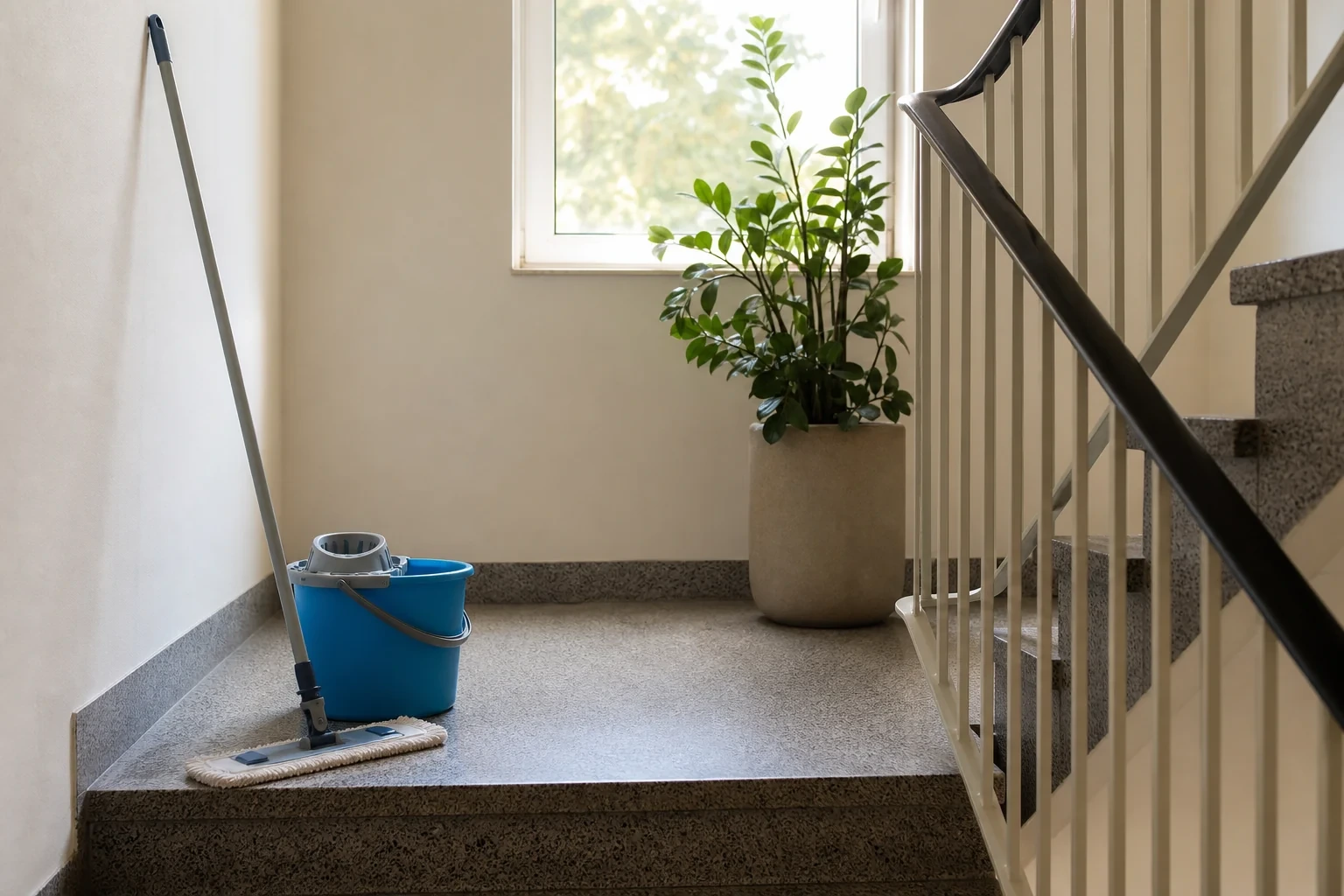 Treppenhausreinigung in einem Mehrfamilienhaus: gefegte Treppe mit Eimer und Wischmopp auf dem Absatz