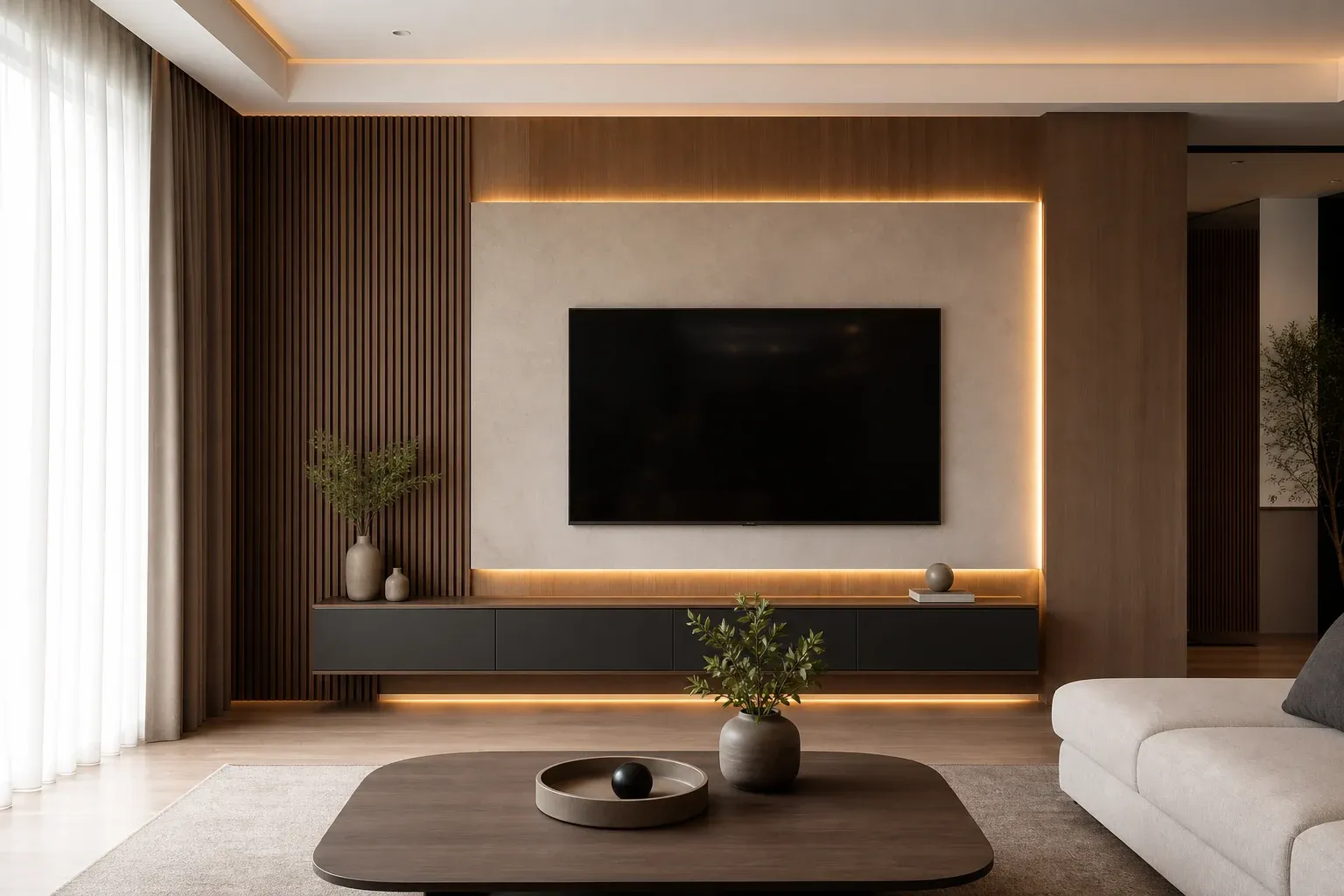 Moderne TV Wand Ideen mit Holzpaneelen und indirekter LED Beleuchtung im Wohnzimmer