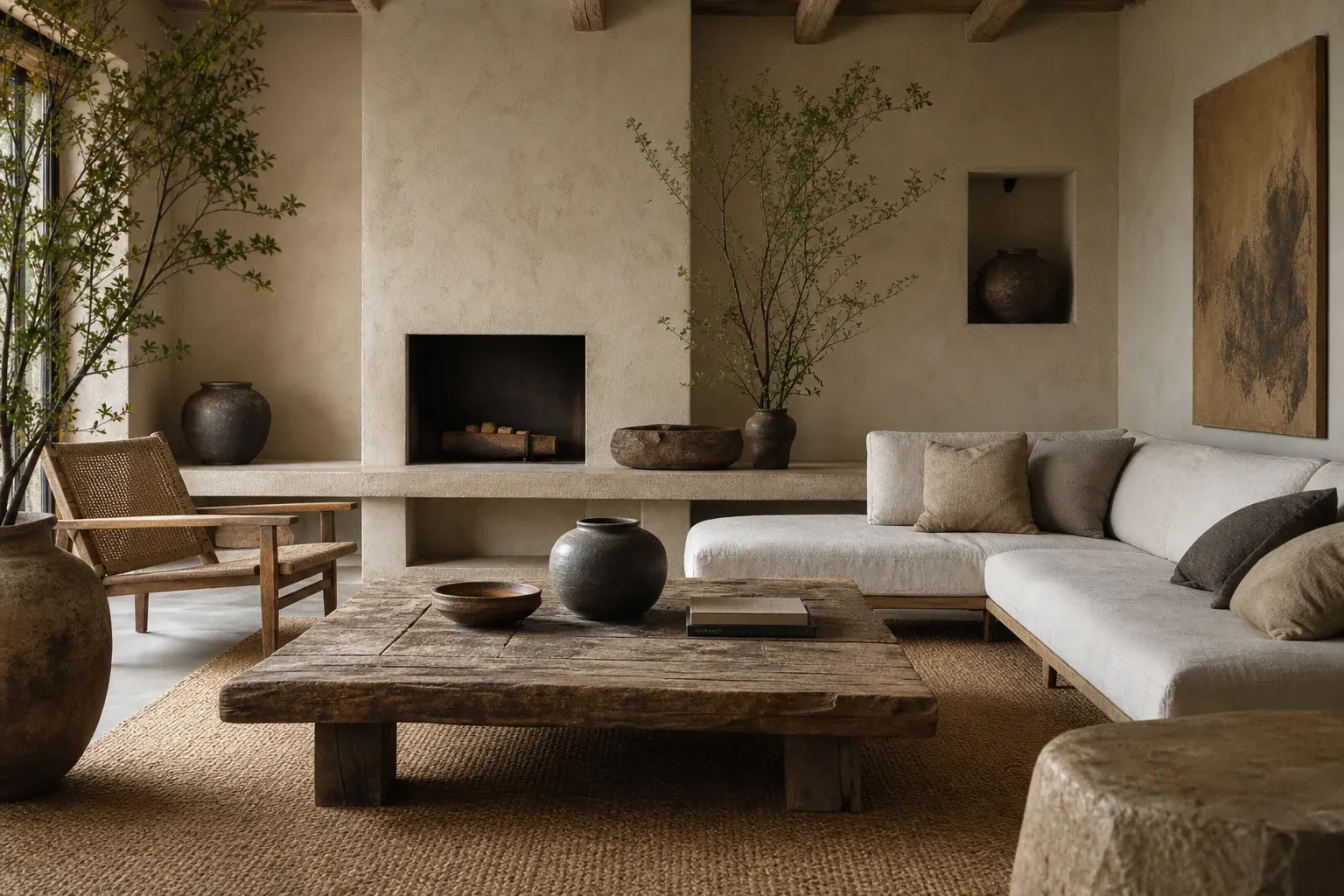 Wohnzimmer im Wabi-Sabi-Stil mit Holzmöbeln, Keramik und Naturtönen