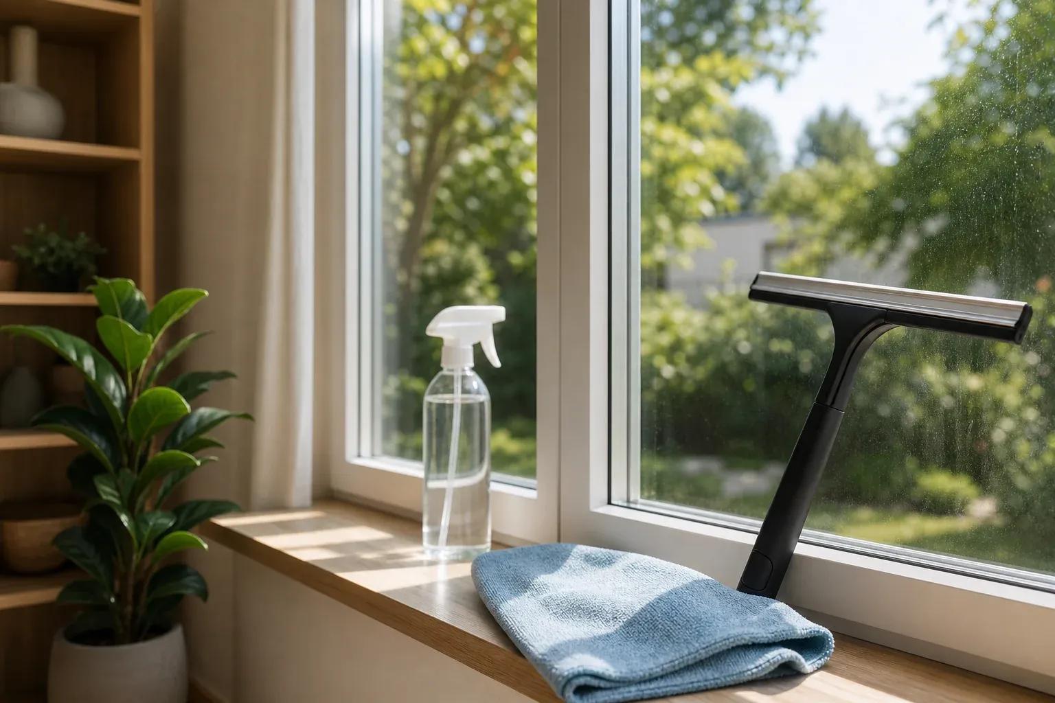 Fenster putzen mit Abzieher und Mikrofasertuch für streifenfreie Scheiben