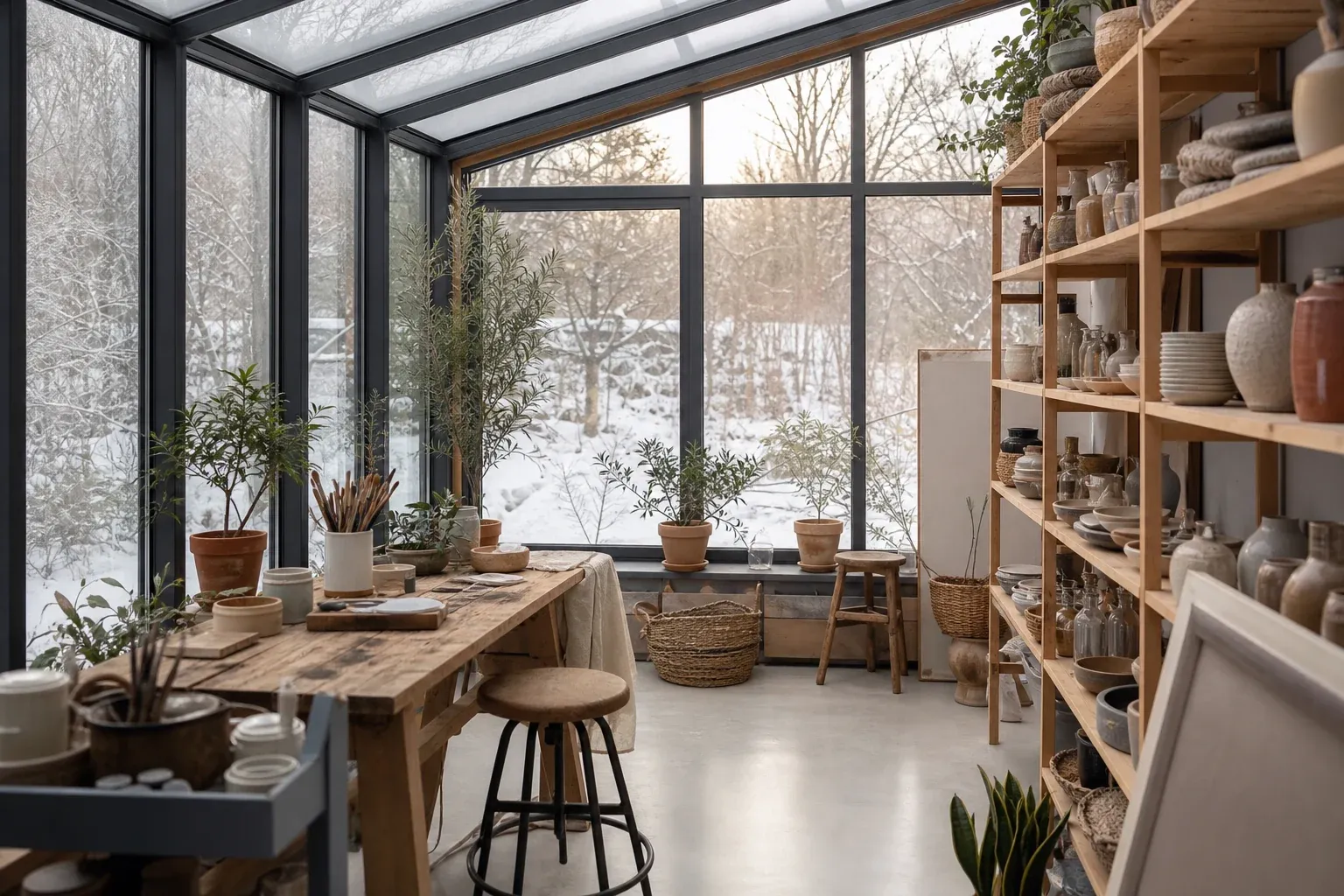 Wintergarten als Atelier mit Nordlicht und Holzregalen