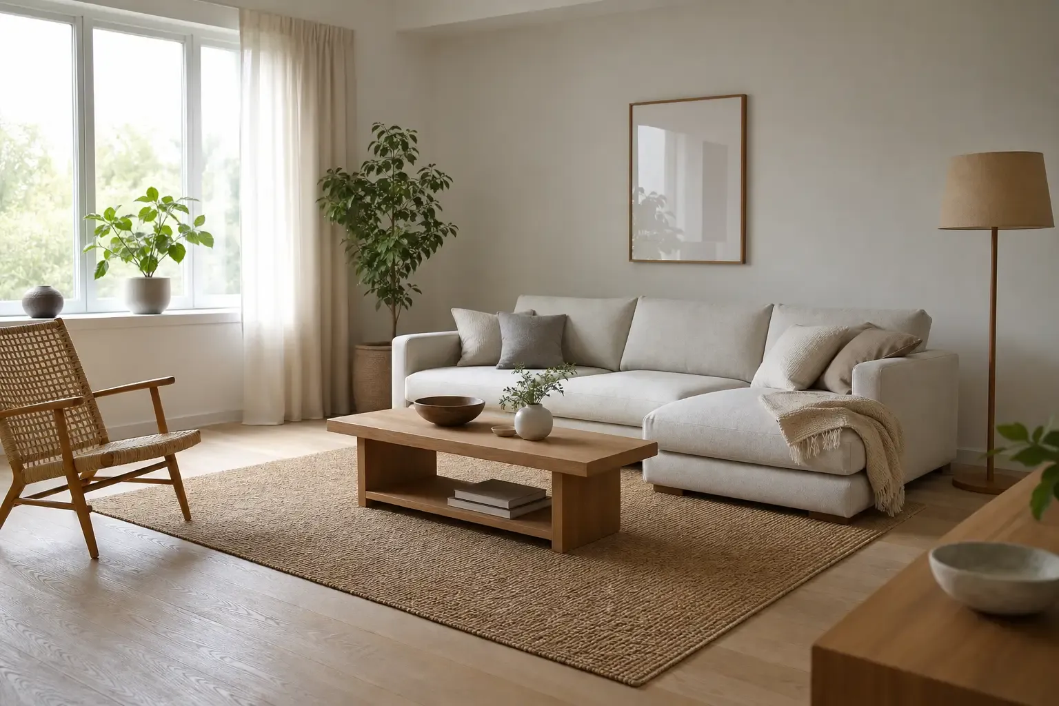 Aufgeräumtes Wohnzimmer mit minimalistischer Einrichtung nach erfolgreichem Entrümpeln