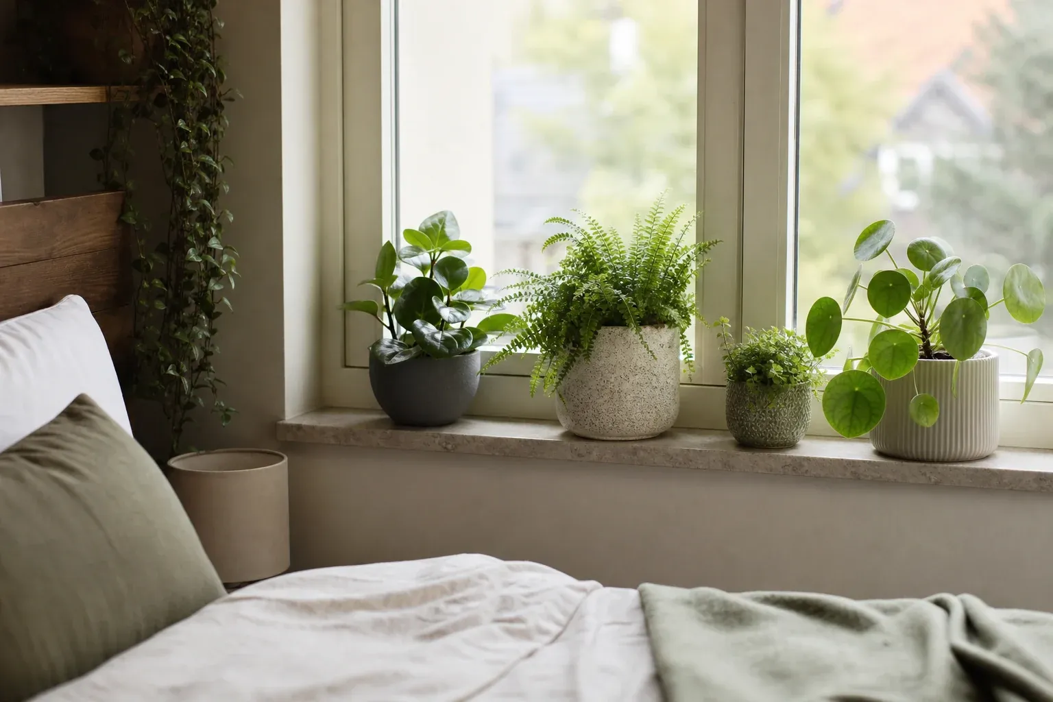 Verschiedene Zimmerpflanzen auf einem Fensterbrett im Schlafzimmer